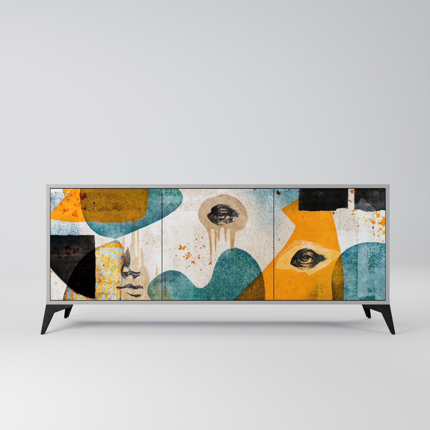 ABSTRACT FACES 3-Door Sideboard in Grey Finish