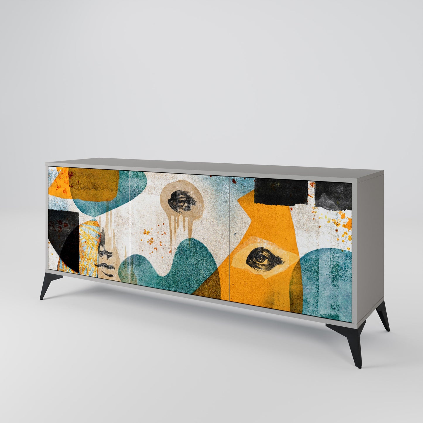 ABSTRACT FACES 3-Door Sideboard in Grey Finish