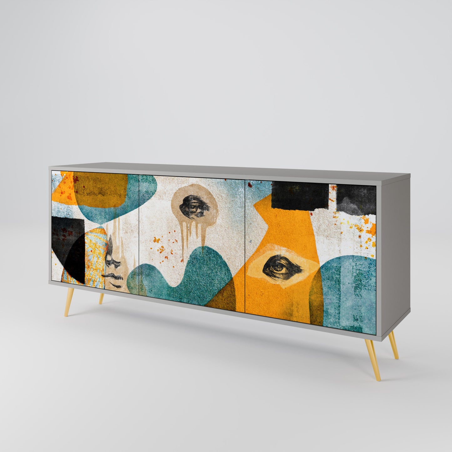 ABSTRACT FACES 3-Door Sideboard in Grey Finish