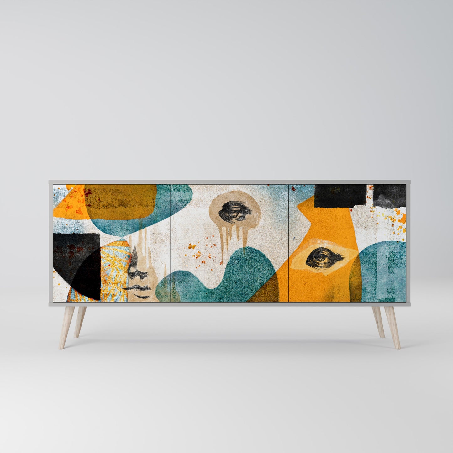 ABSTRACT FACES 3-Door Sideboard in Grey Finish