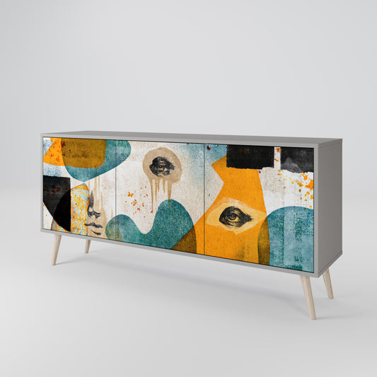 ABSTRACT FACES 3-Door Sideboard in Grey Finish