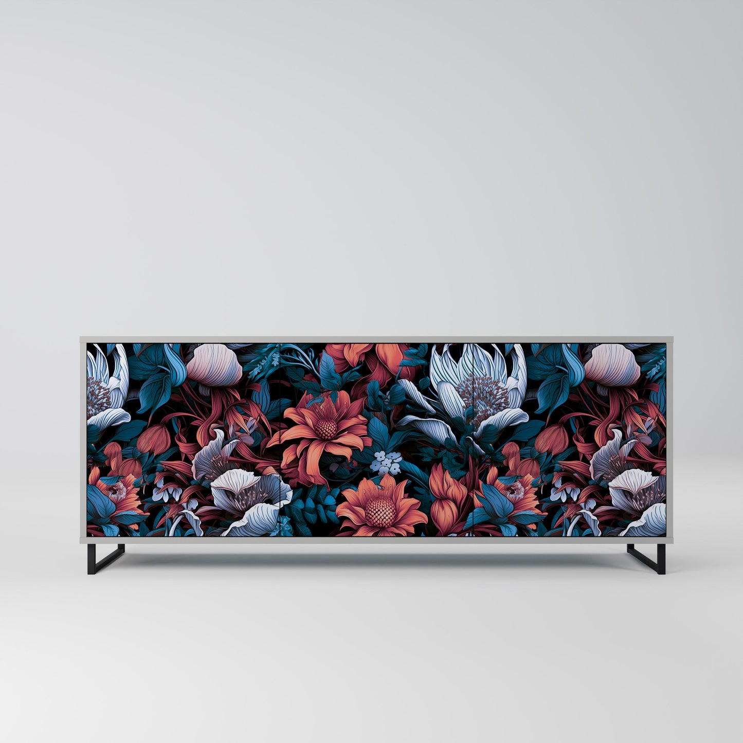 ETHEREAL BLOSSOMS 3-Door Sideboard in Grey Finish