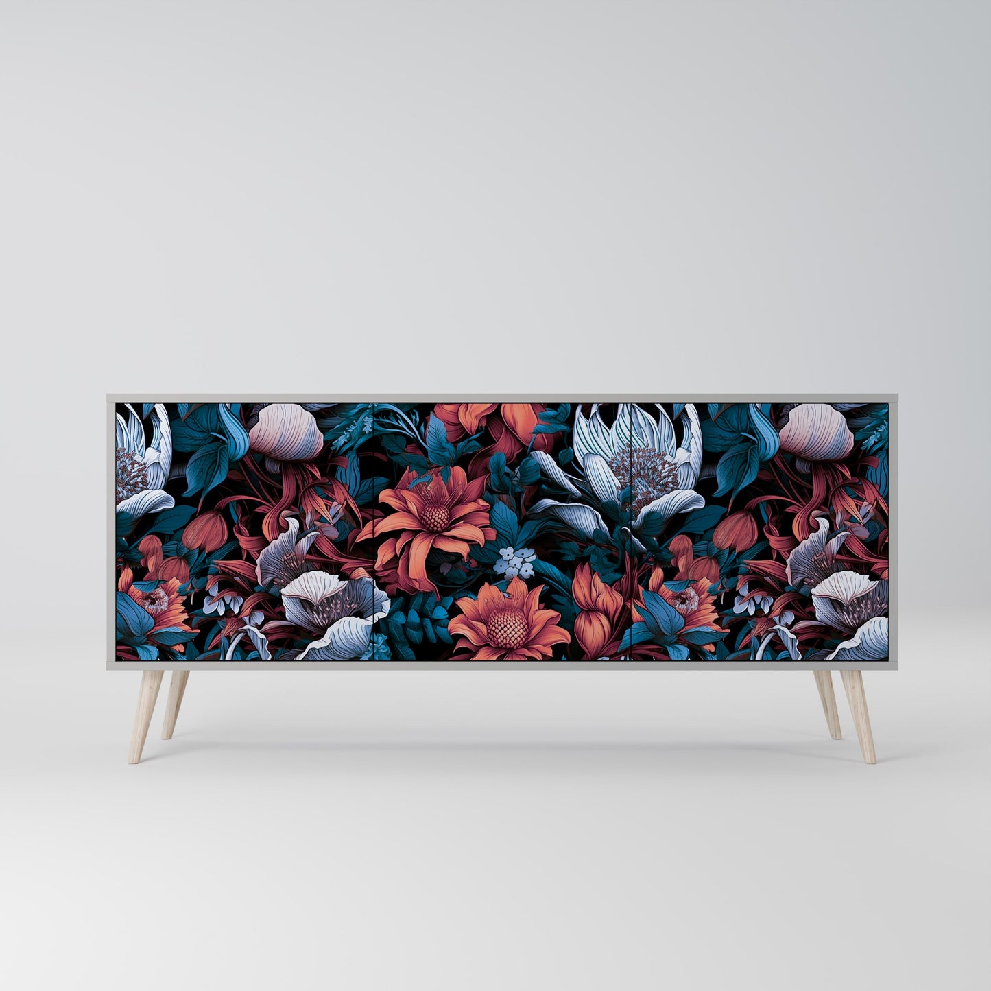 ETHEREAL BLOSSOMS 3-Door Sideboard in Grey Finish