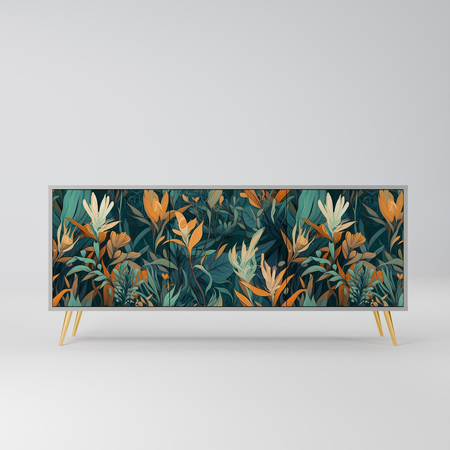 FLORAL SERENITY 3-Door Sideboard in Grey Finish