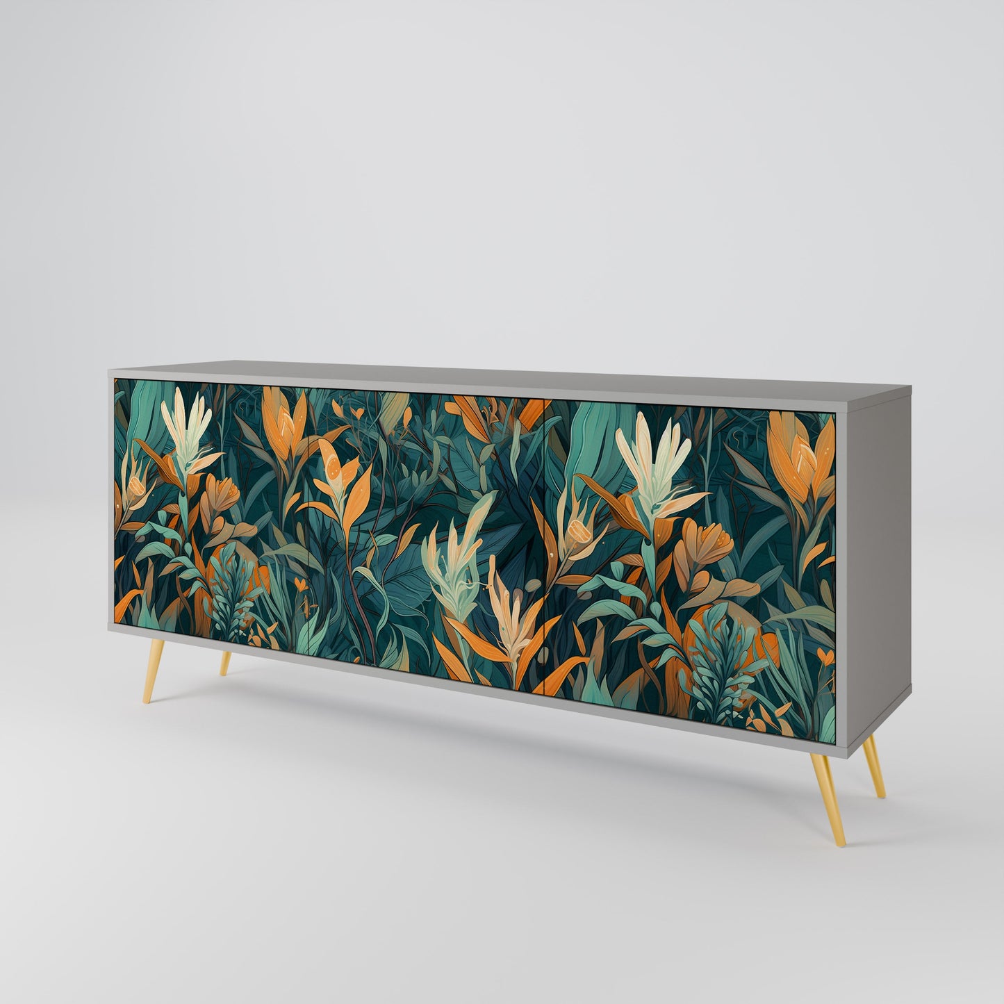 FLORAL SERENITY 3-Door Sideboard in Grey Finish