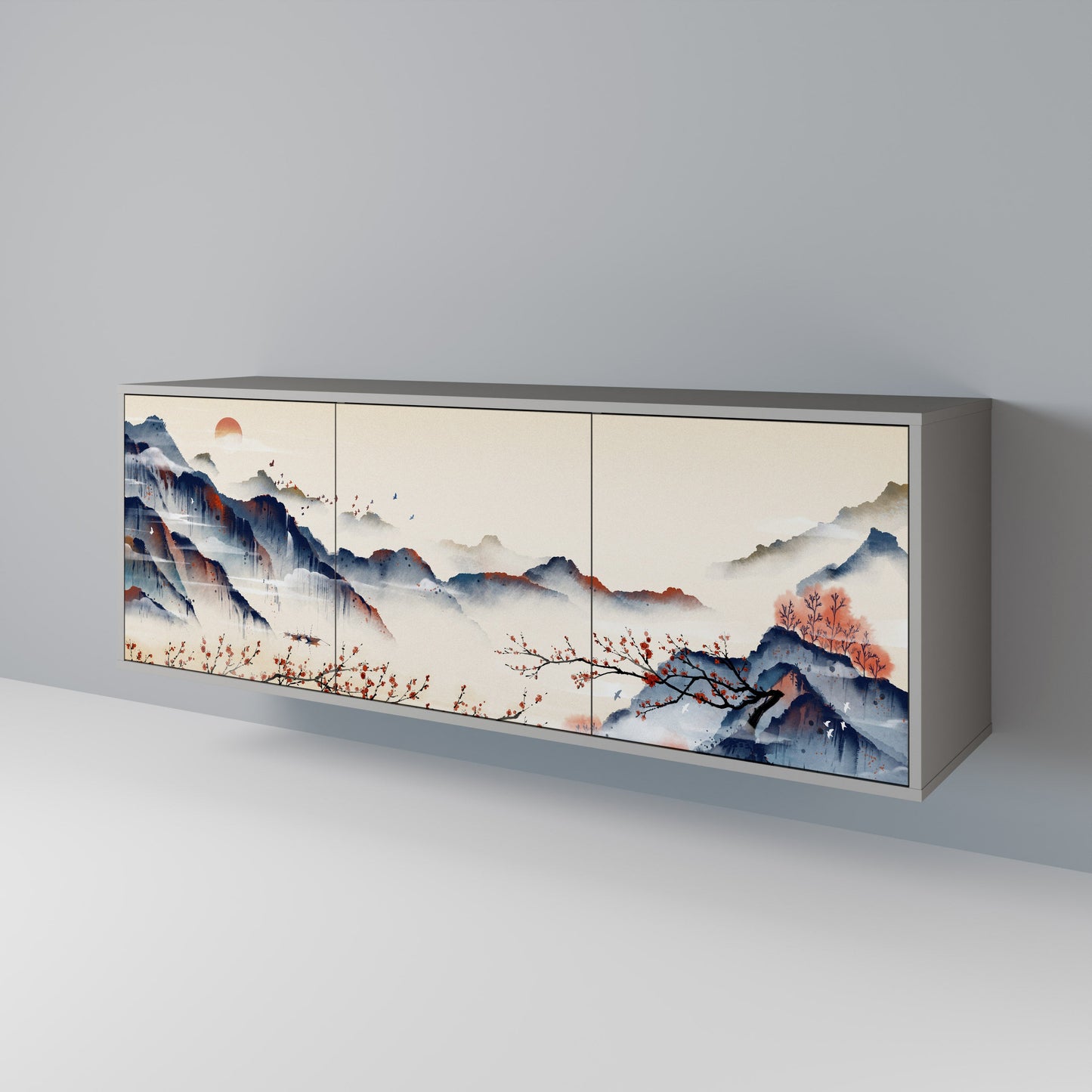 JAPANESE LANDSCAPE 3-Door Sideboard in Grey Finish