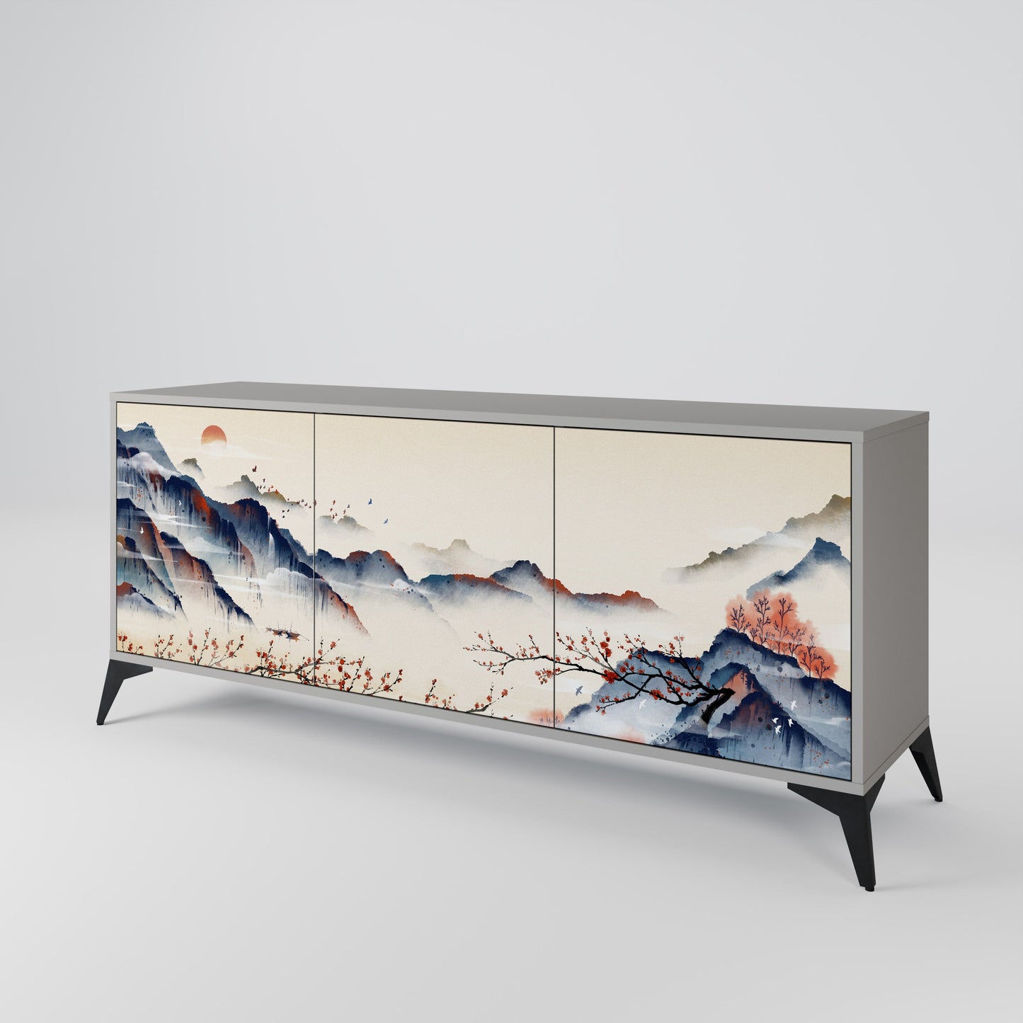JAPANESE LANDSCAPE 3-Door Sideboard in Grey Finish