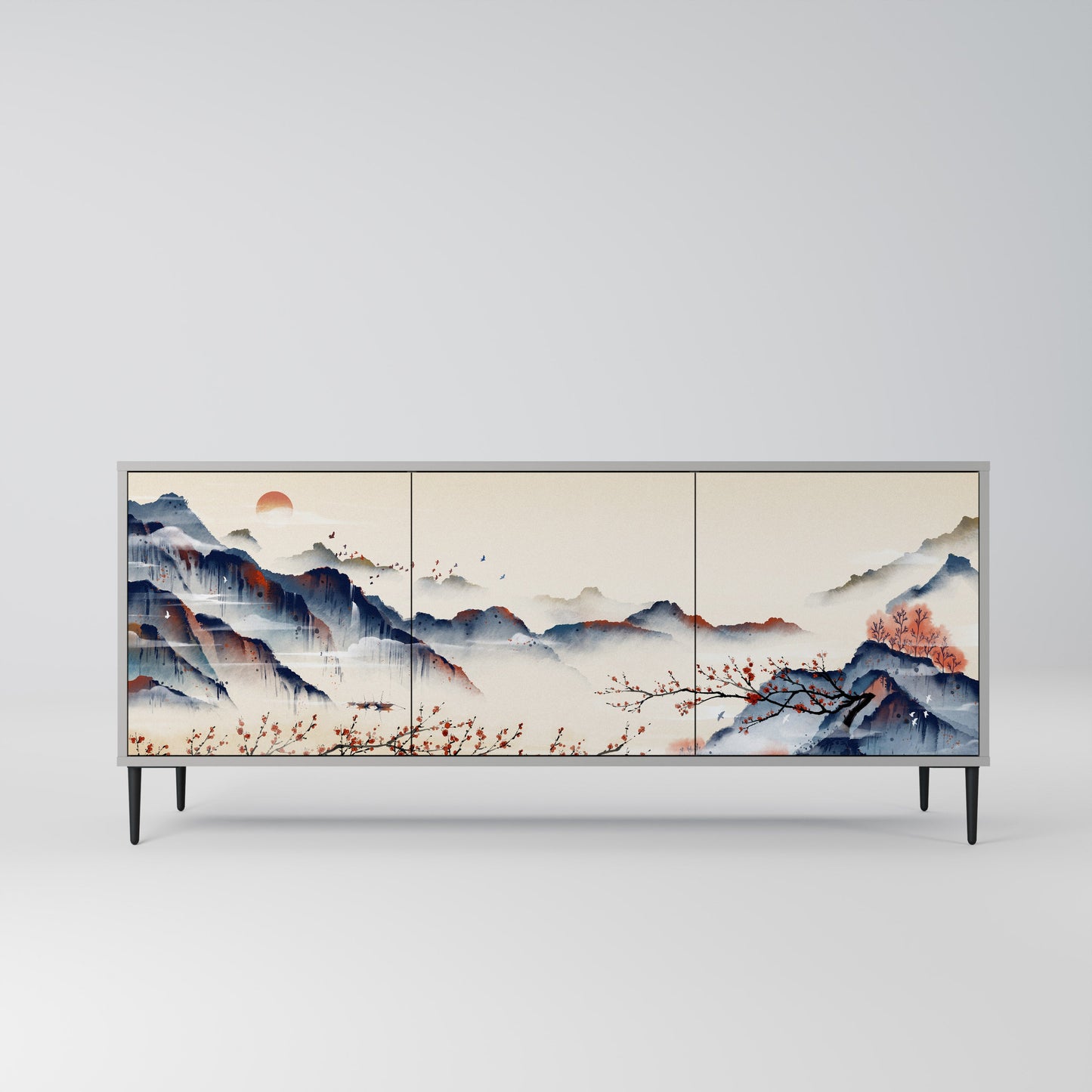 JAPANESE LANDSCAPE 3-Door Sideboard in Grey Finish