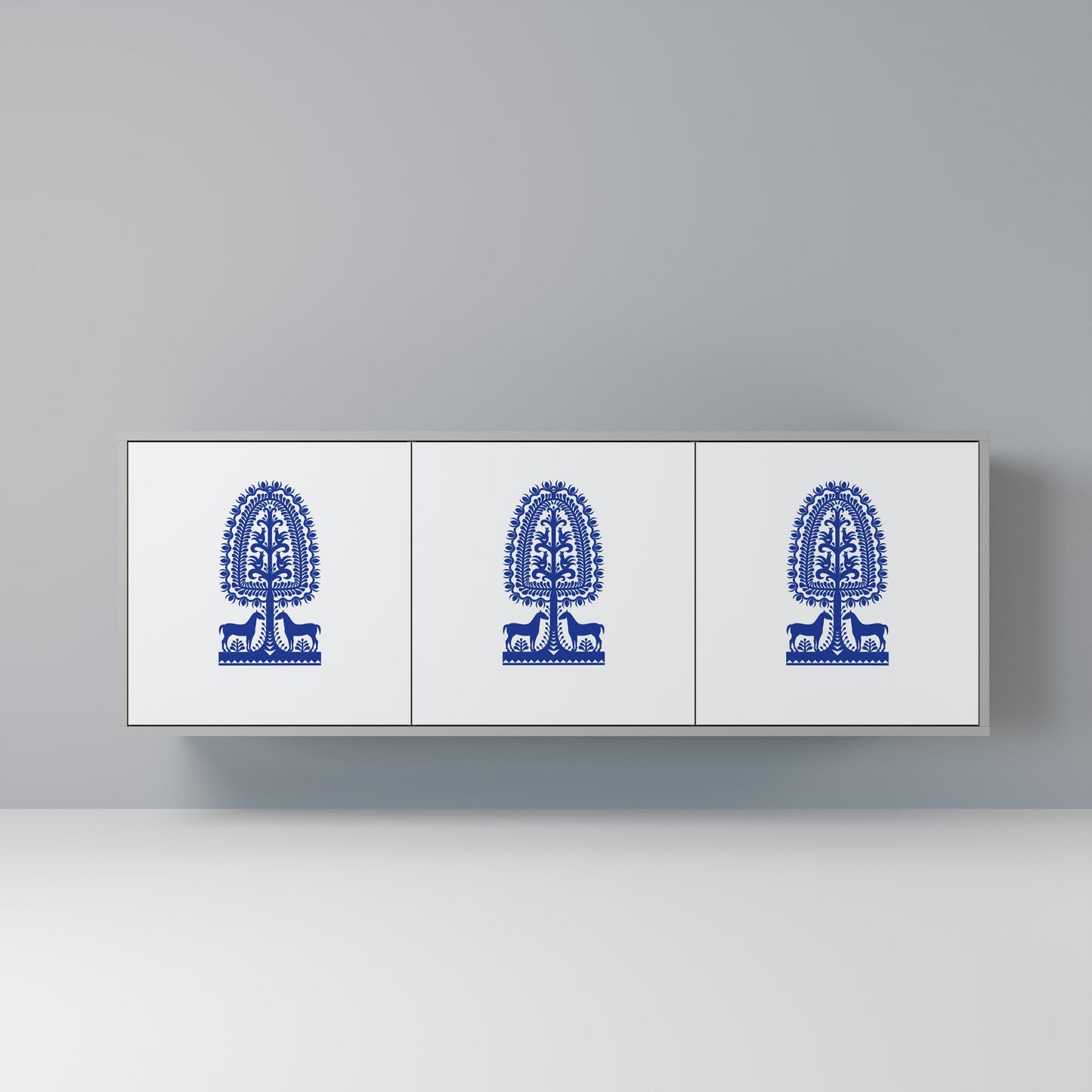 POLISH FOLK ART 3-Door Sideboard in Grey Finish