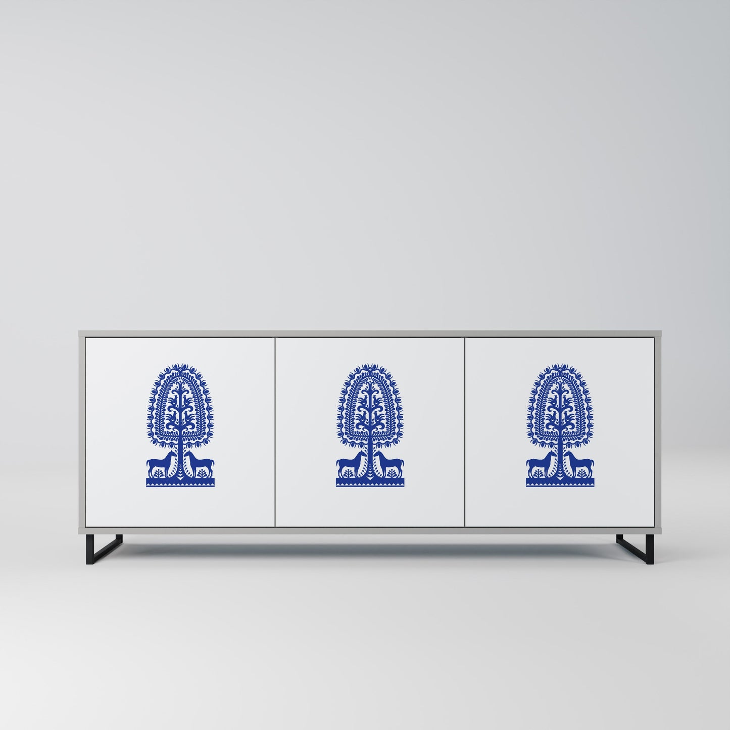 POLISH FOLK ART 3-Door Sideboard in Grey Finish