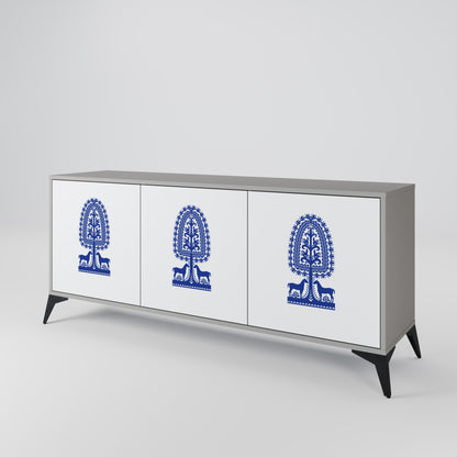 POLISH FOLK ART 3-Door Sideboard in Grey Finish
