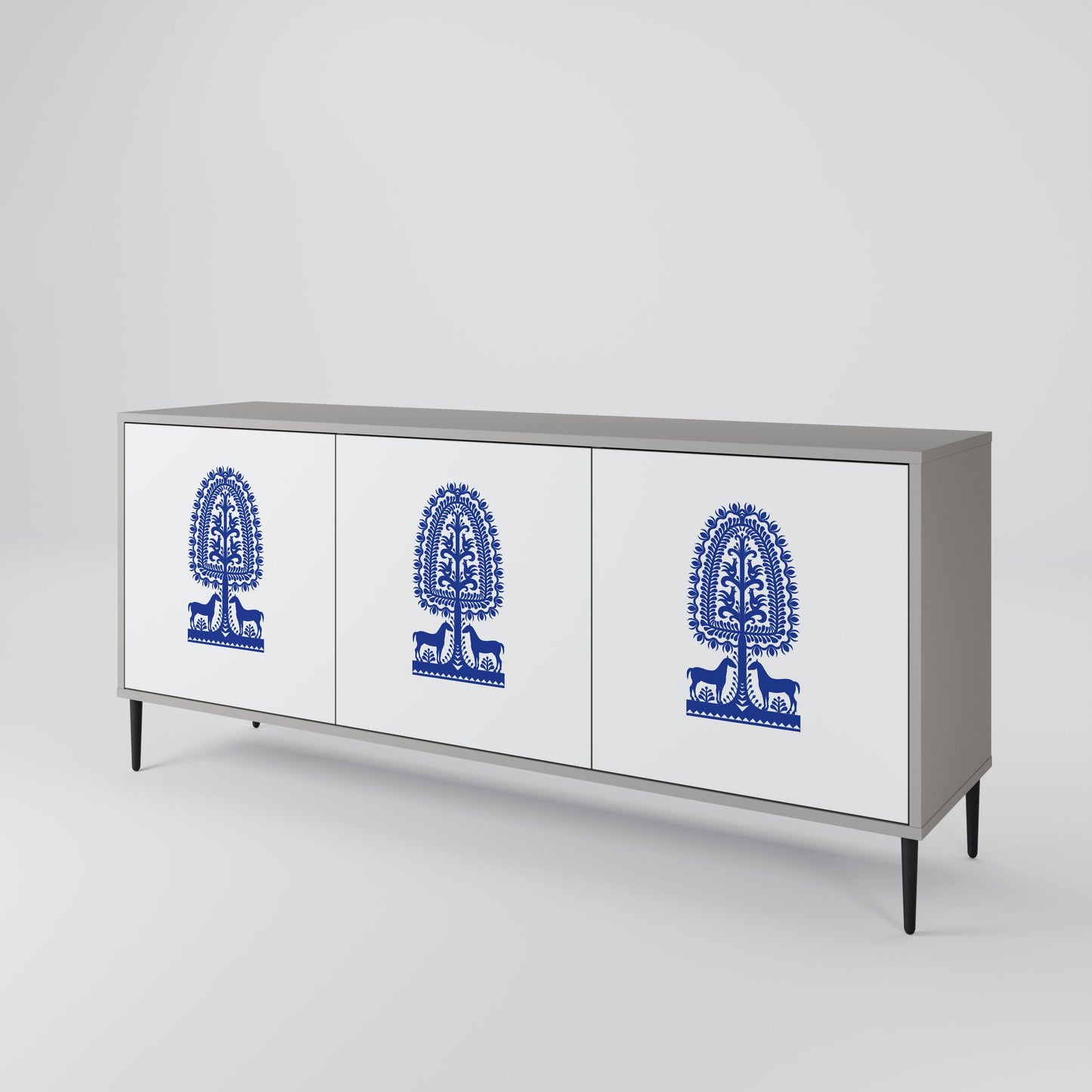 POLISH FOLK ART 3-Door Sideboard in Grey Finish