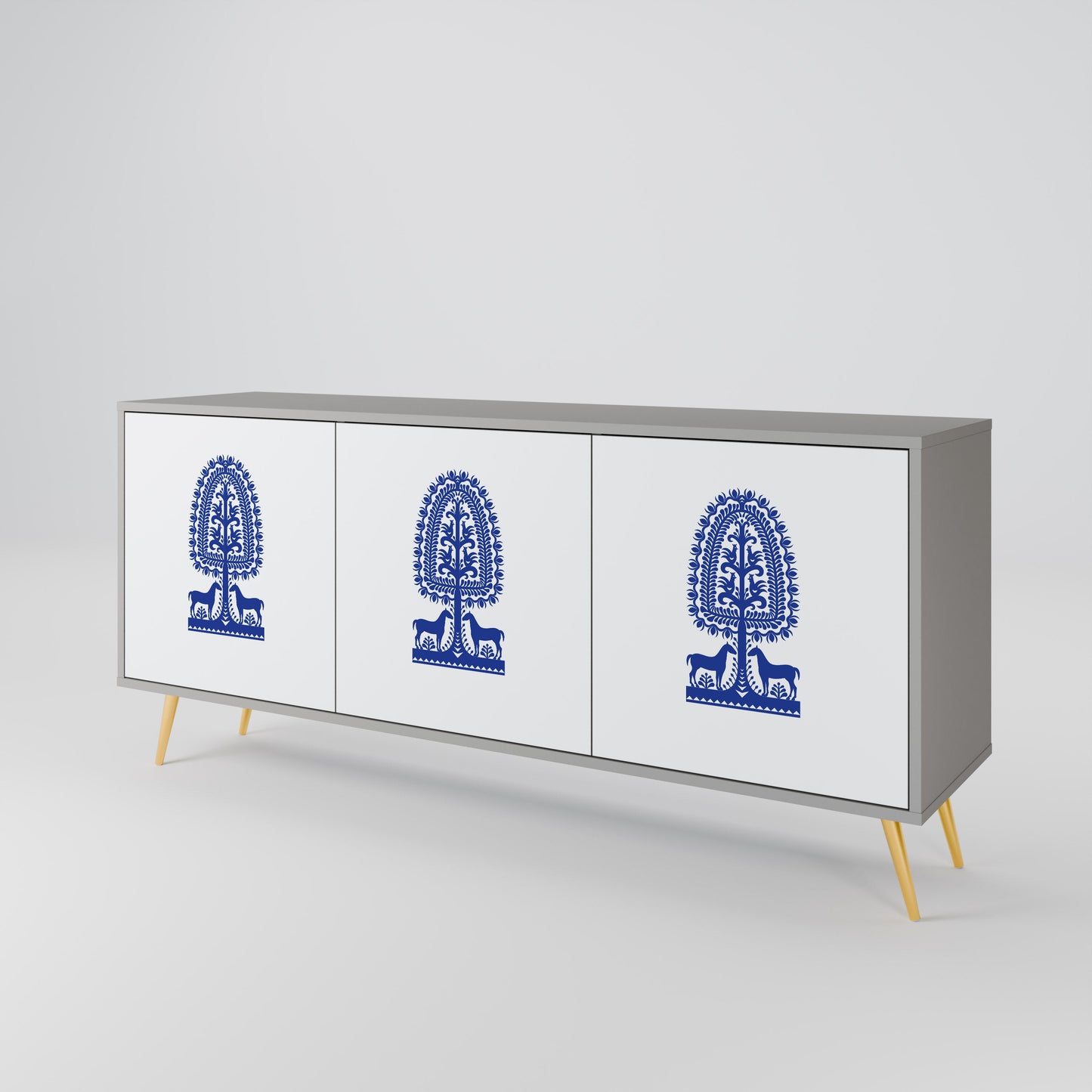POLISH FOLK ART 3-Door Sideboard in Grey Finish