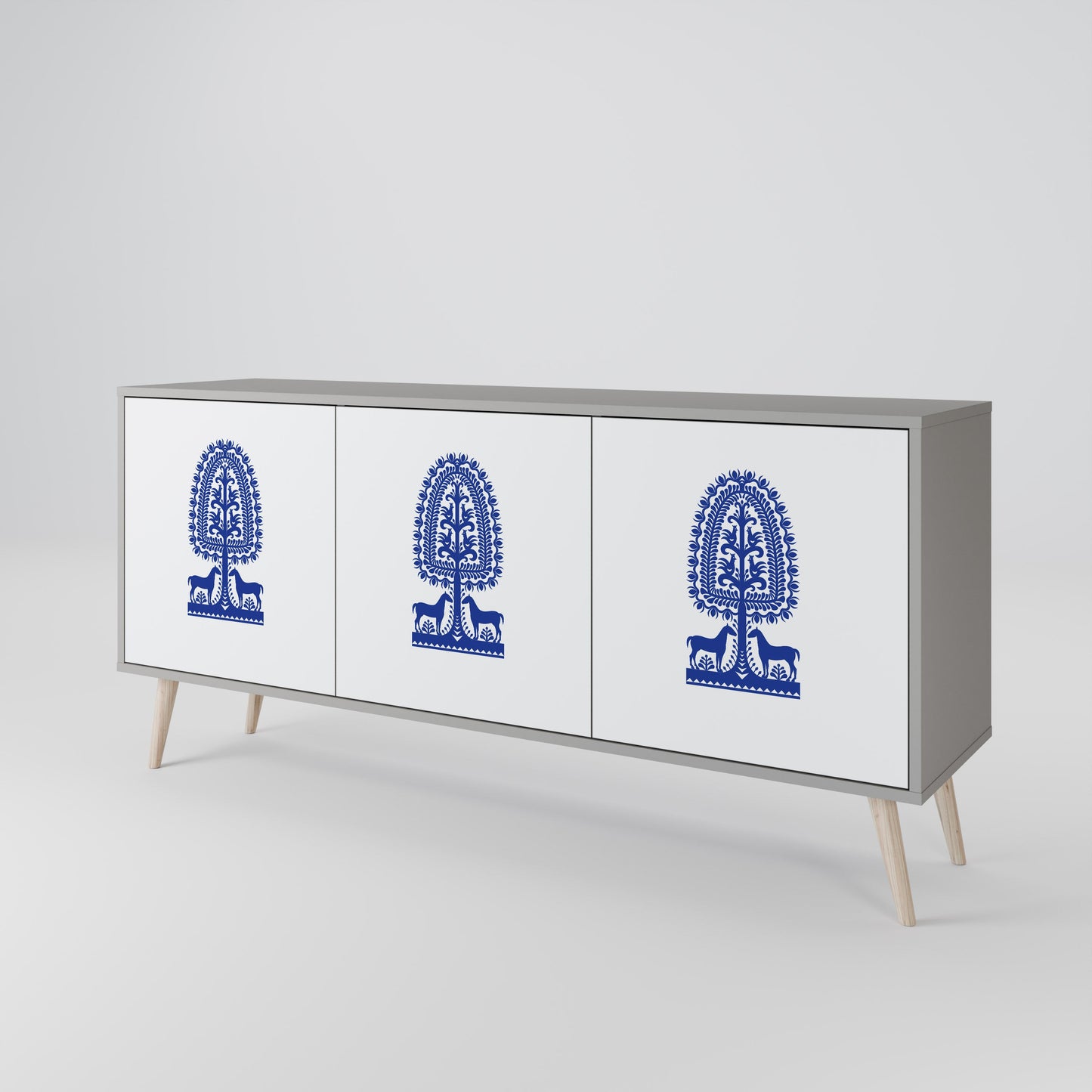 POLISH FOLK ART 3-Door Sideboard in Grey Finish