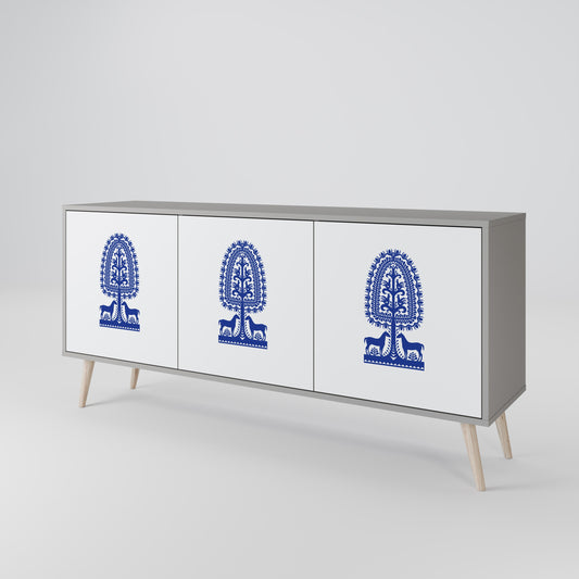 POLISH FOLK ART 3-Door Sideboard in Grey Finish