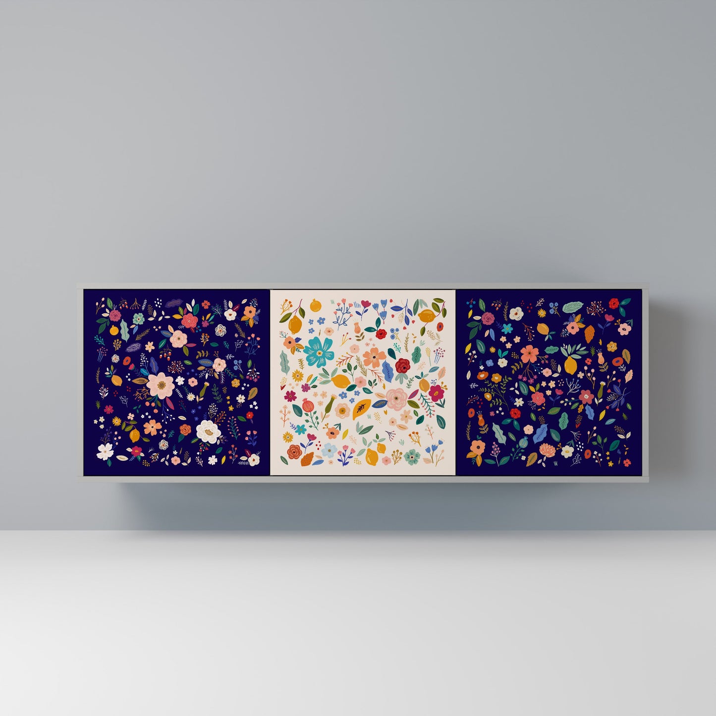 FLORAL COMBINATION Buffet 3 Portes Finition Grise