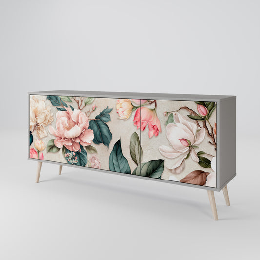 FLORAL GRACE 3-Door Sideboard in Grey Finish