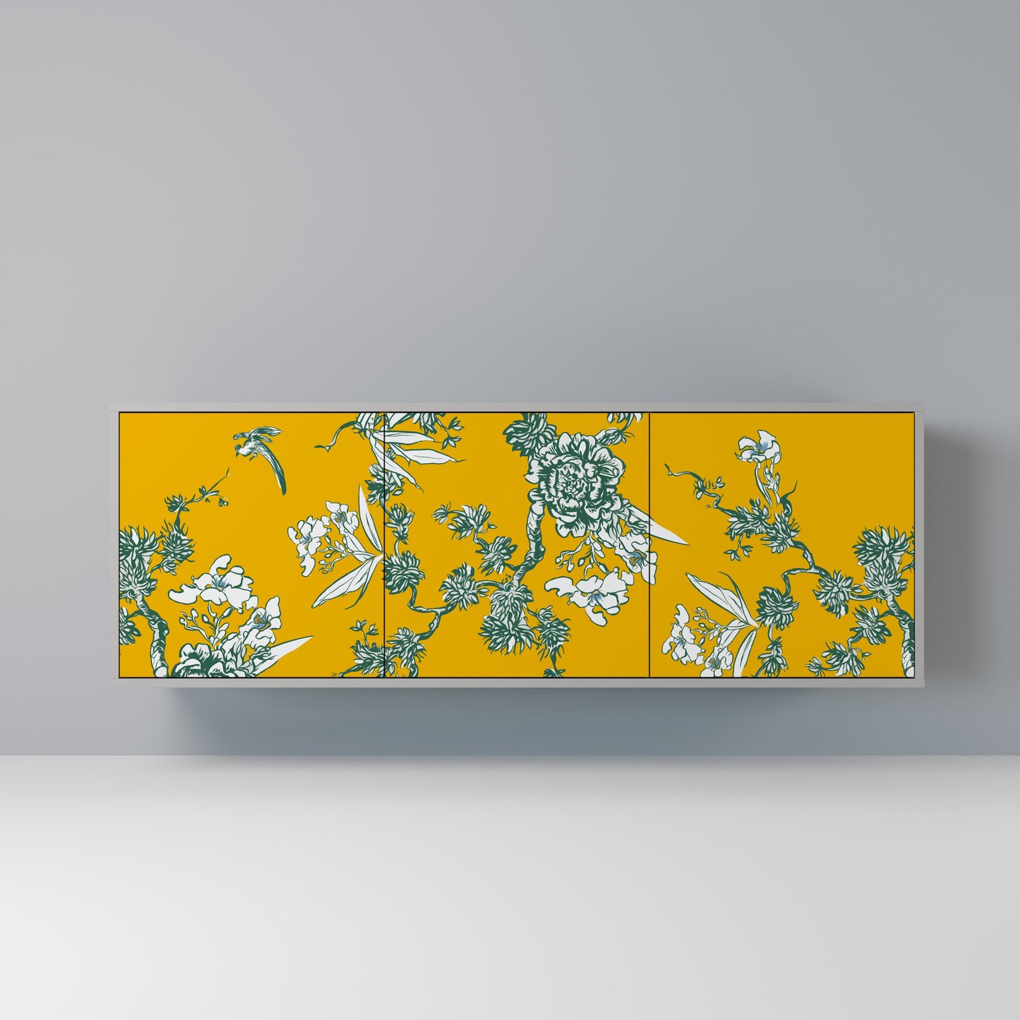 YELLOW CHINOISERIE 3-Door Sideboard in Grey Finish