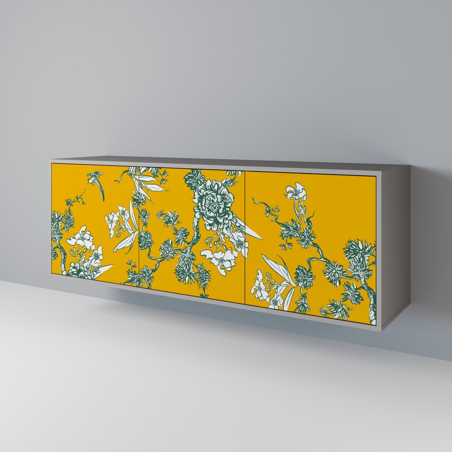 YELLOW CHINOISERIE 3-Door Sideboard in Grey Finish