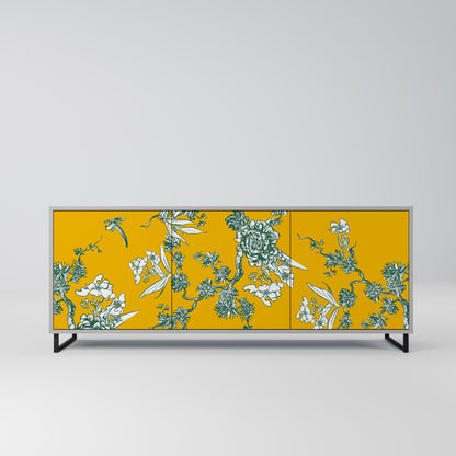YELLOW CHINOISERIE 3-Door Sideboard in Grey Finish