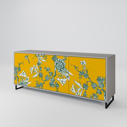 YELLOW CHINOISERIE 3-Door Sideboard in Grey Finish