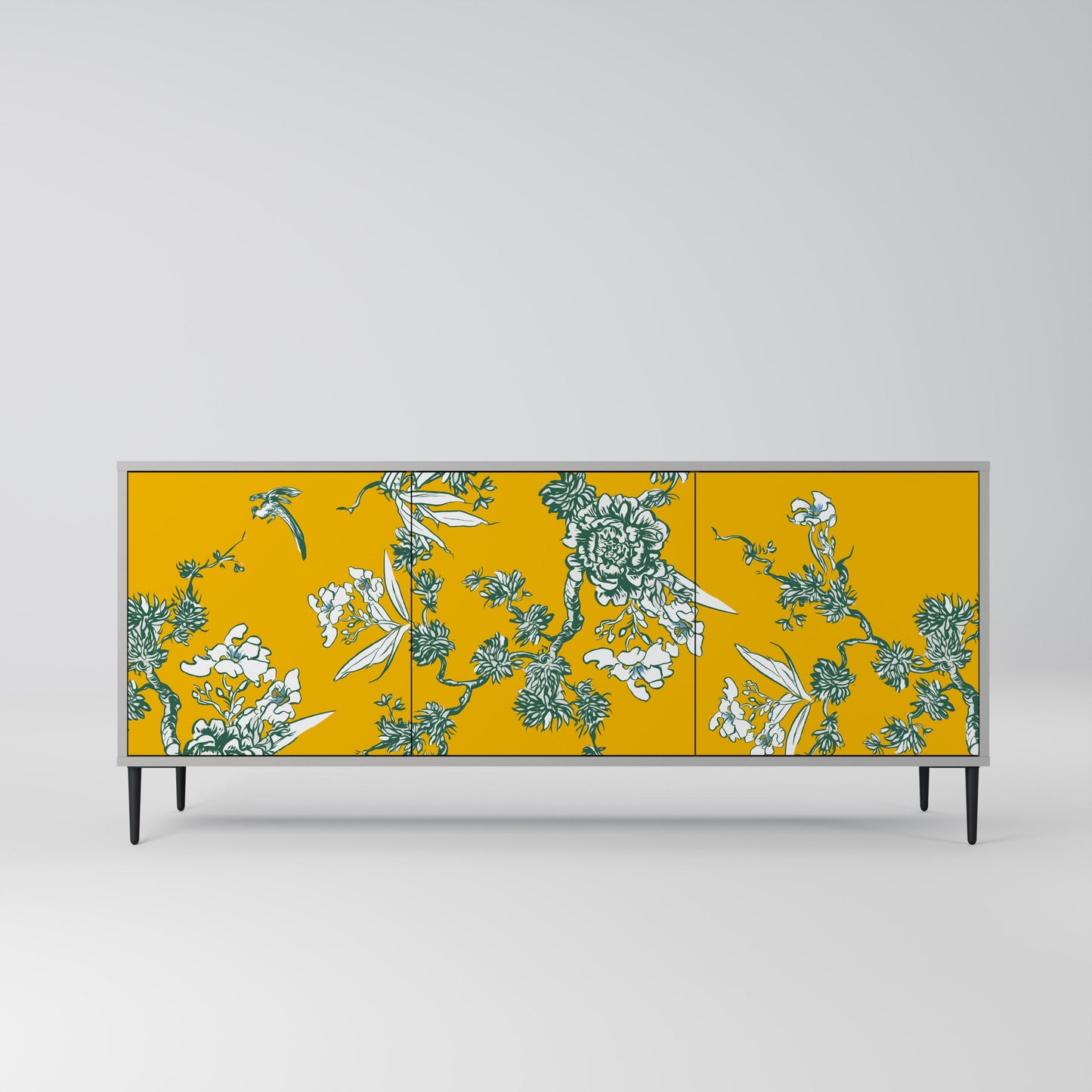 YELLOW CHINOISERIE 3-Door Sideboard in Grey Finish