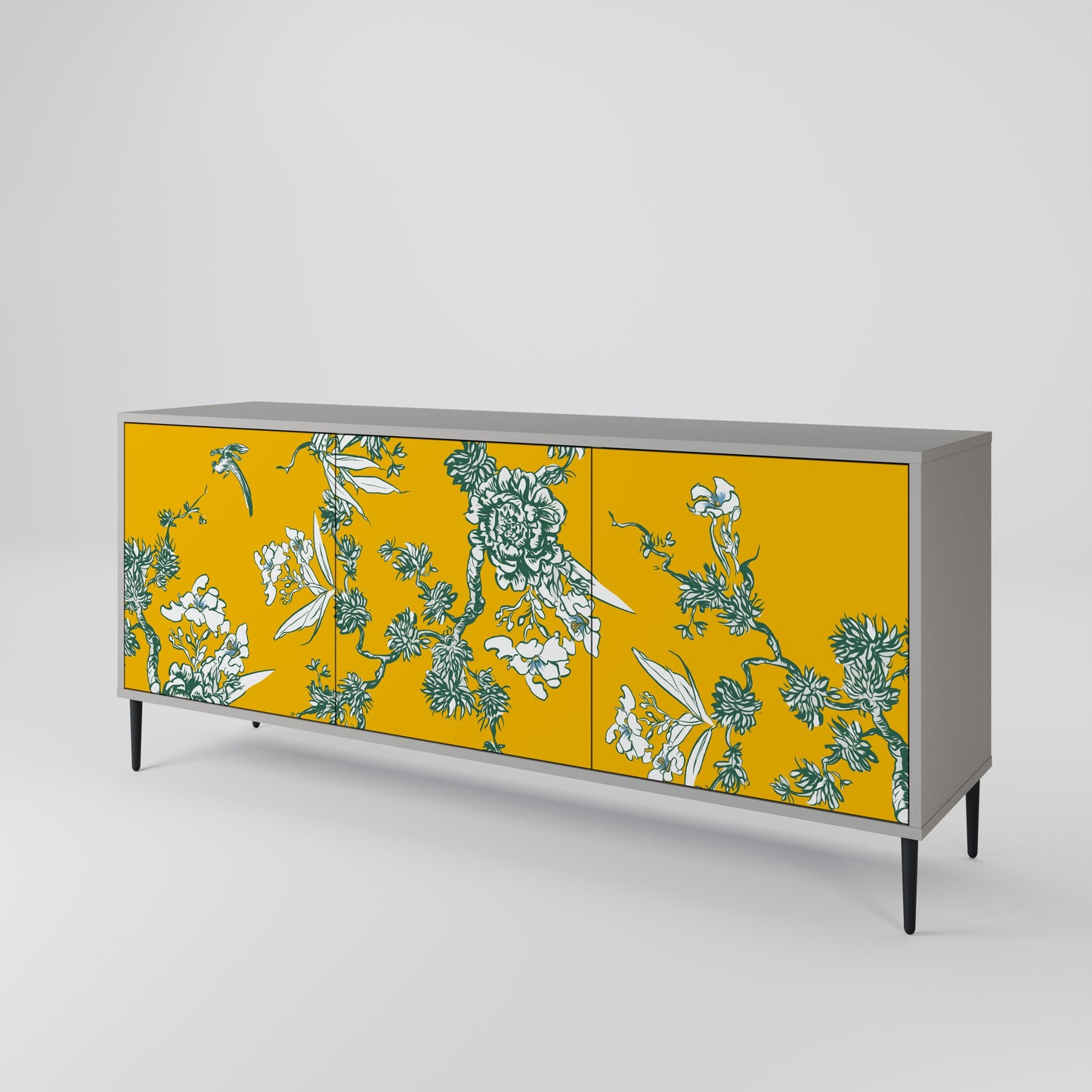 YELLOW CHINOISERIE 3-Door Sideboard in Grey Finish