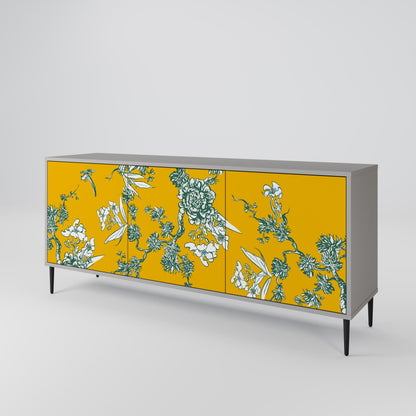 YELLOW CHINOISERIE 3-Door Sideboard in Grey Finish