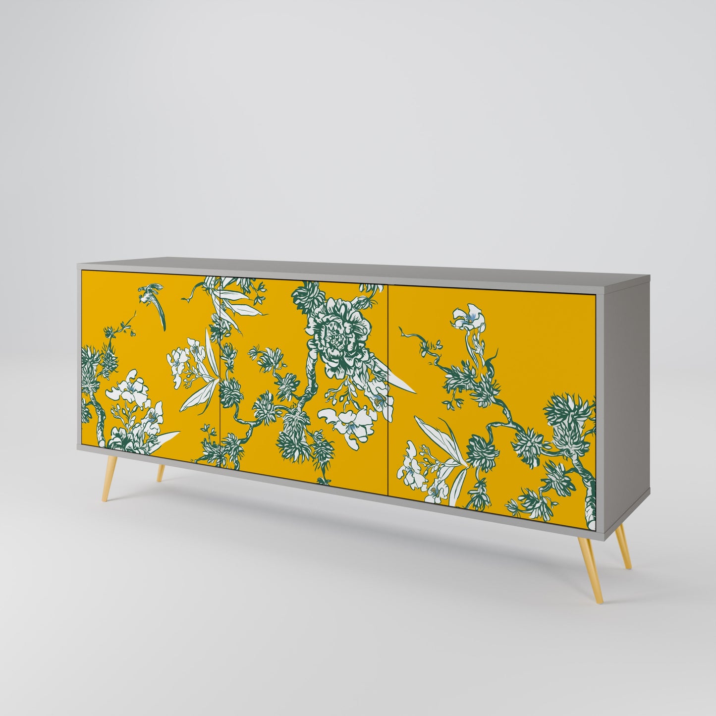YELLOW CHINOISERIE 3-Door Sideboard in Grey Finish