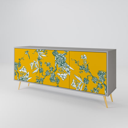 YELLOW CHINOISERIE 3-Door Sideboard in Grey Finish