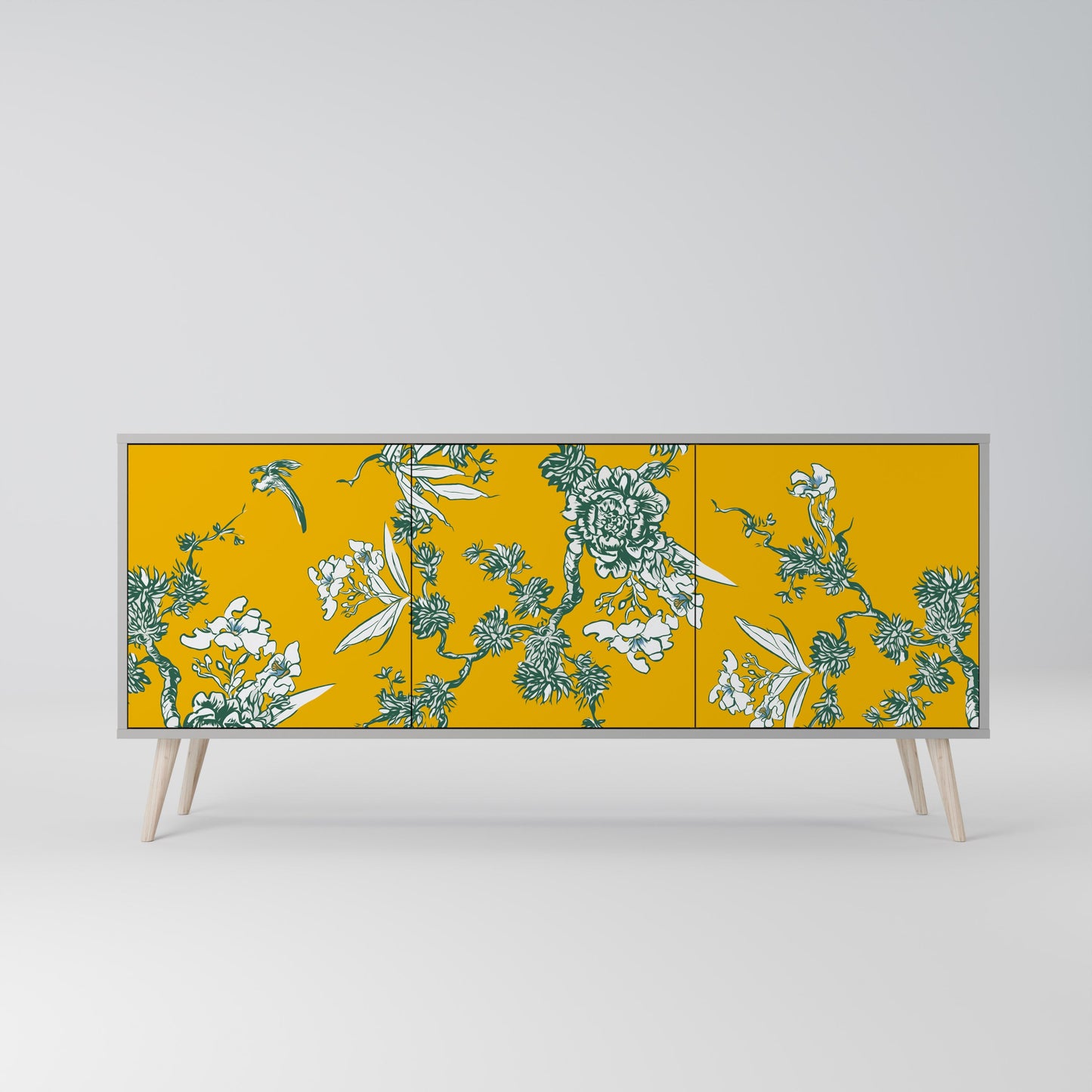 YELLOW CHINOISERIE 3-Door Sideboard in Grey Finish