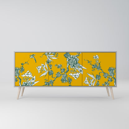 YELLOW CHINOISERIE 3-Door Sideboard in Grey Finish
