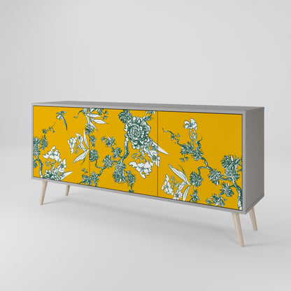 YELLOW CHINOISERIE 3-Door Sideboard in Grey Finish