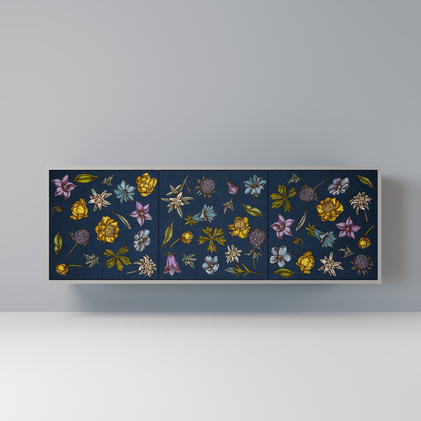 FLOWERS ON NAVY BLUE 3-Door Sideboard in Grey Finish