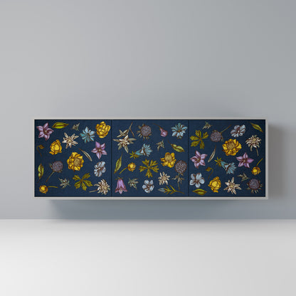 FLOWERS ON NAVY BLUE 3-Door Sideboard in Grey Finish
