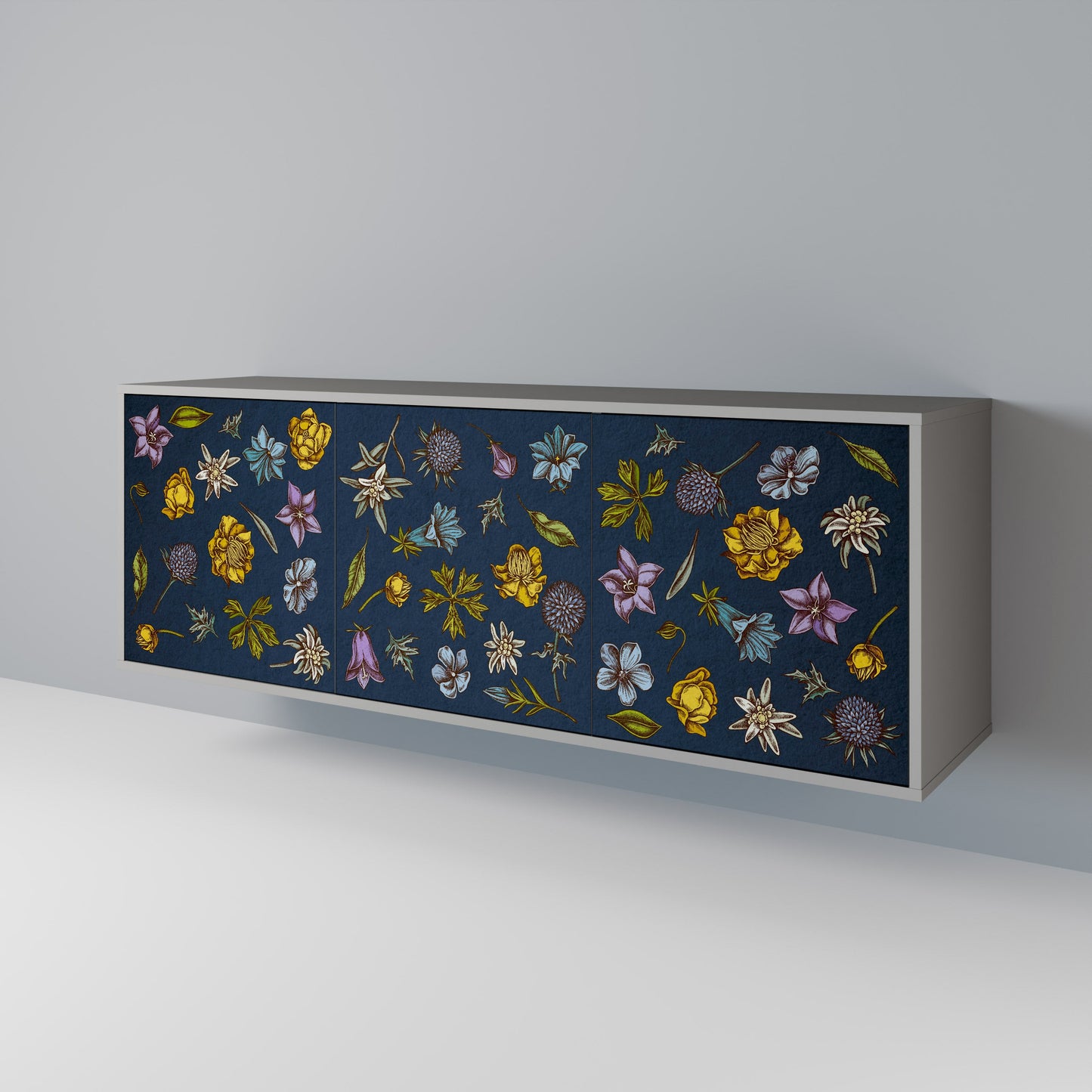 FLOWERS ON NAVY BLUE 3-Door Sideboard in Grey Finish