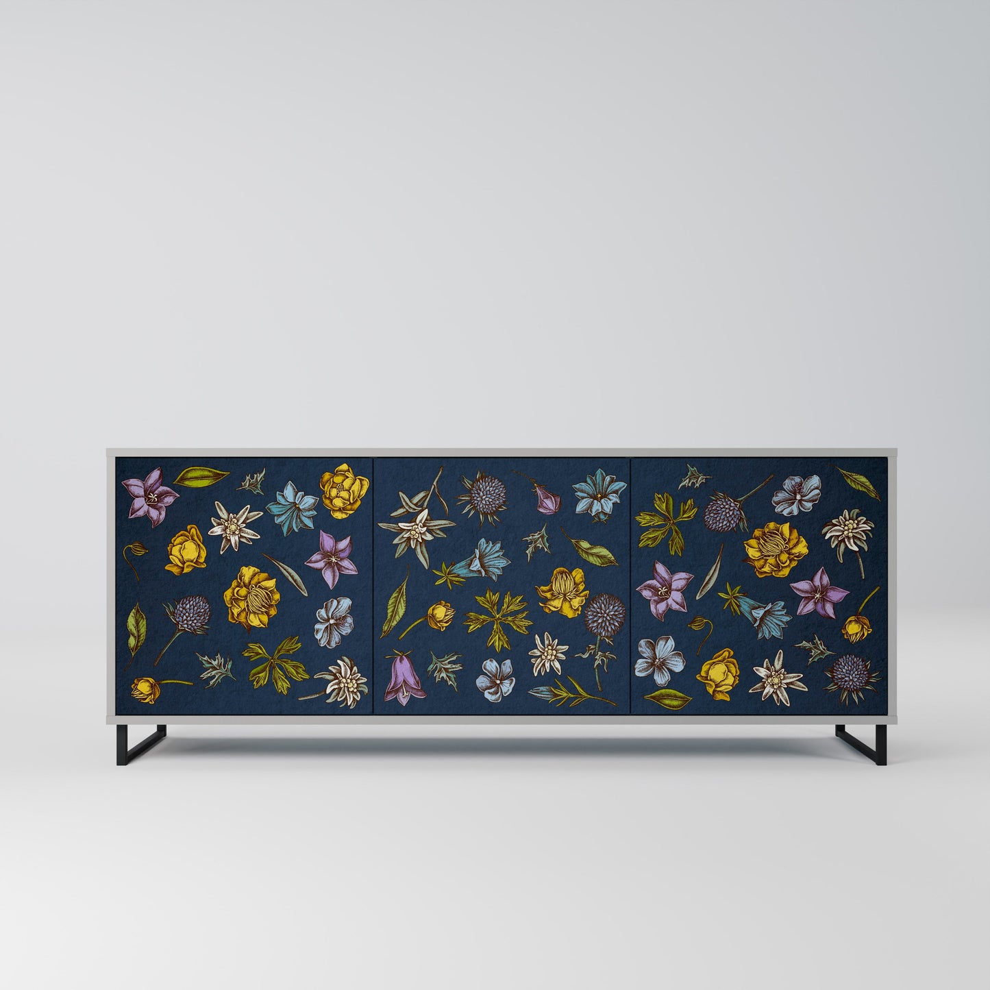 FLOWERS ON NAVY BLUE 3-Door Sideboard in Grey Finish