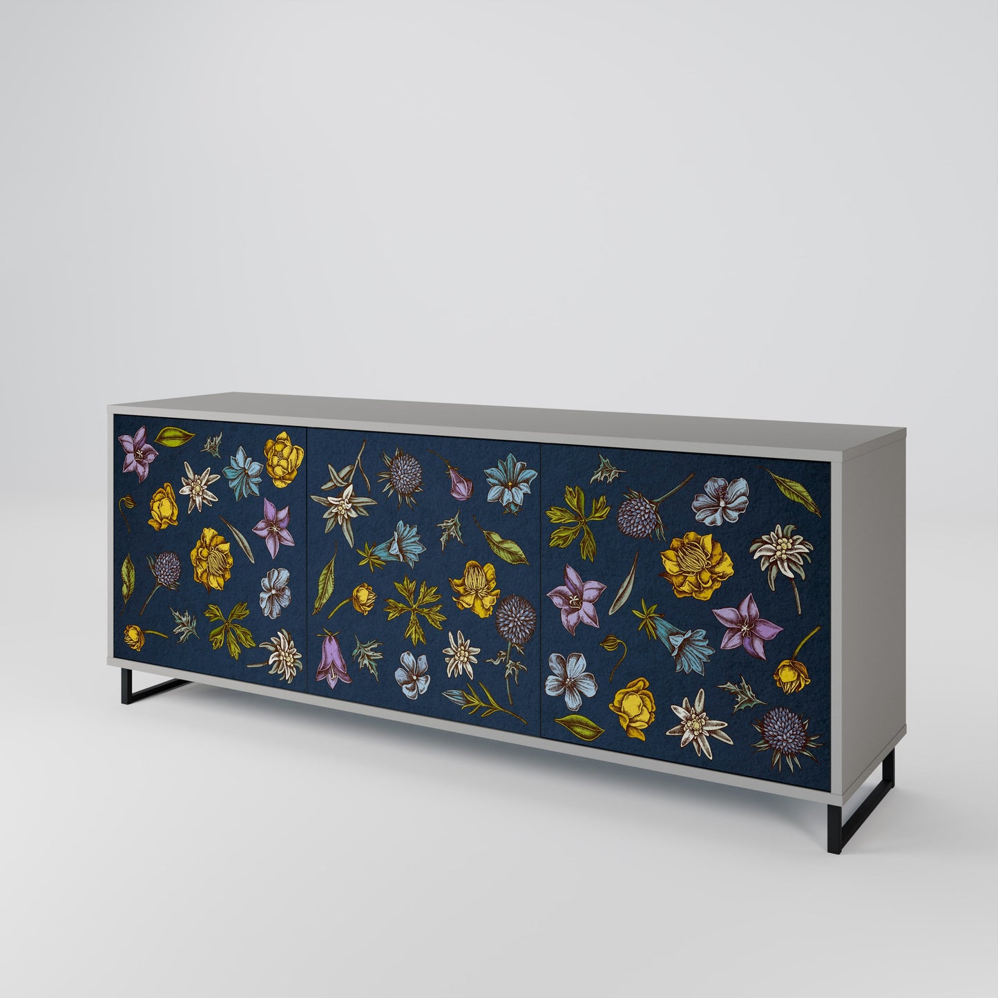 FLOWERS ON NAVY BLUE 3-Door Sideboard in Grey Finish
