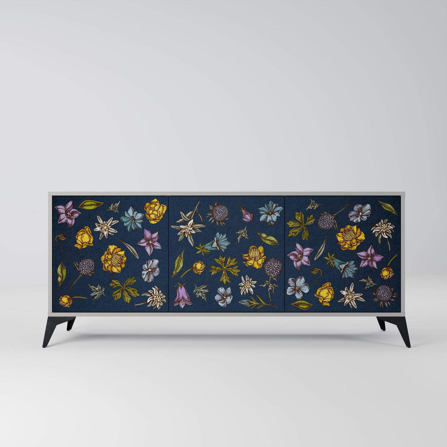 FLOWERS ON NAVY BLUE 3-Door Sideboard in Grey Finish