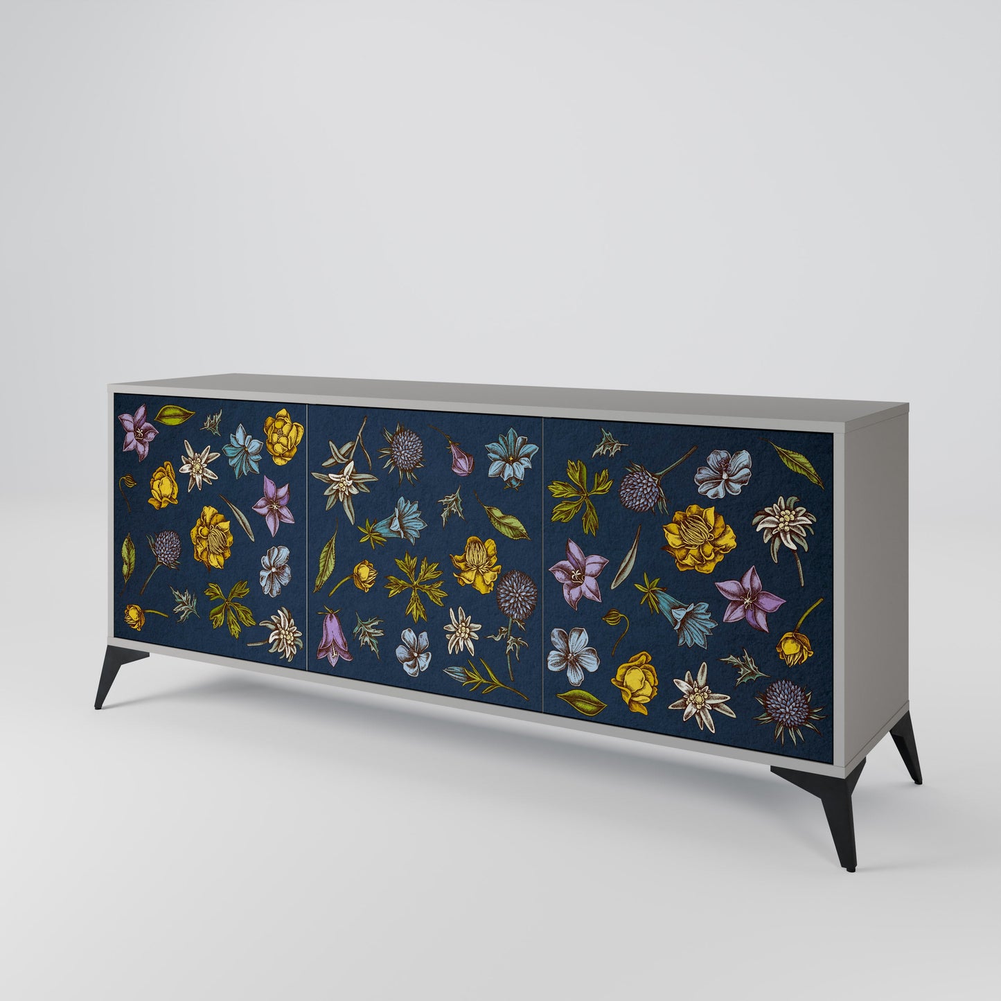 FLOWERS ON NAVY BLUE 3-Door Sideboard in Grey Finish