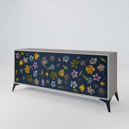 FLOWERS ON NAVY BLUE 3-Door Sideboard in Grey Finish