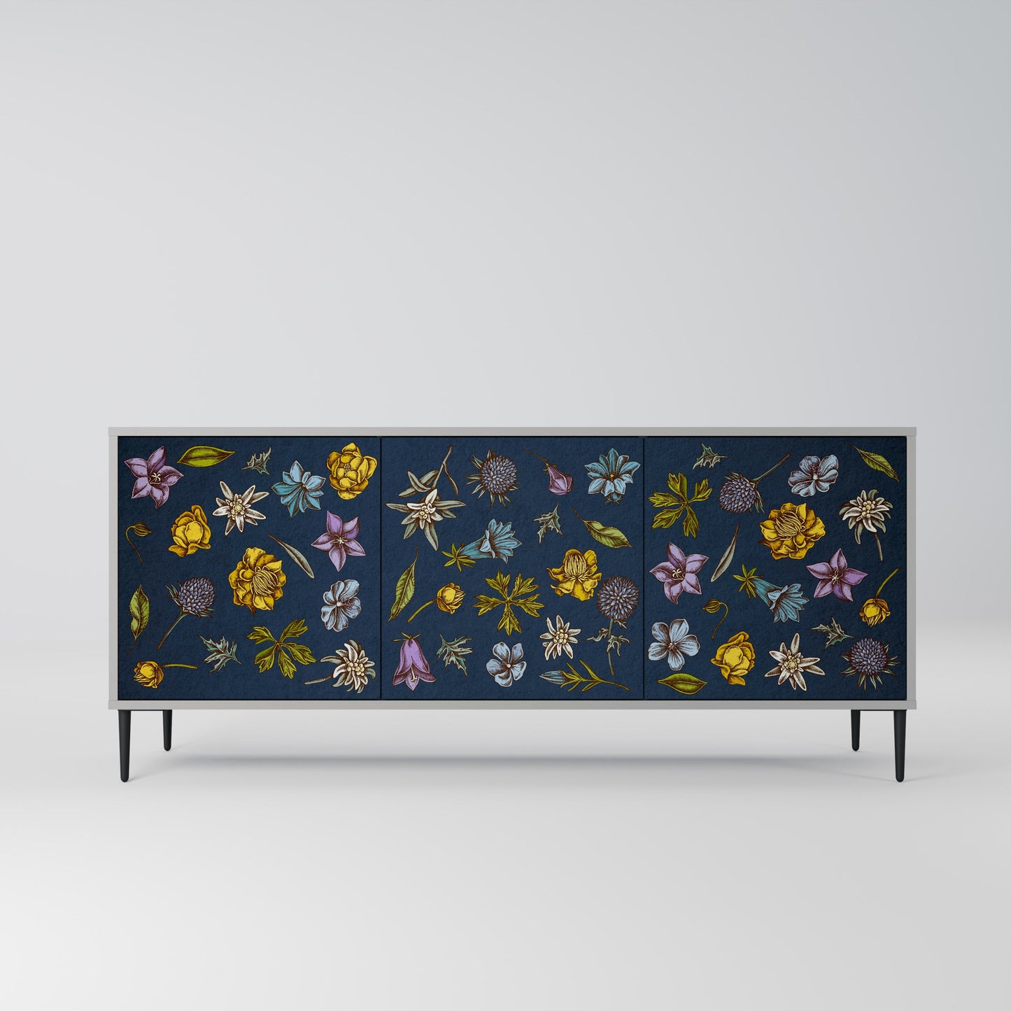 FLOWERS ON NAVY BLUE 3-Door Sideboard in Grey Finish