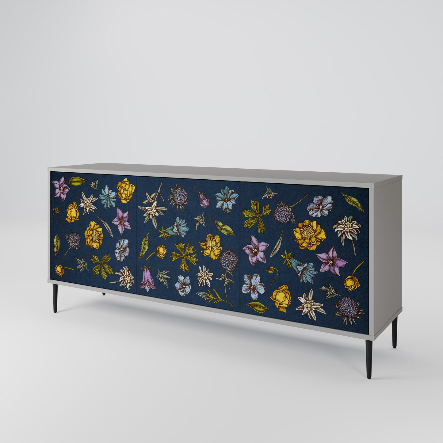 FLOWERS ON NAVY BLUE 3-Door Sideboard in Grey Finish