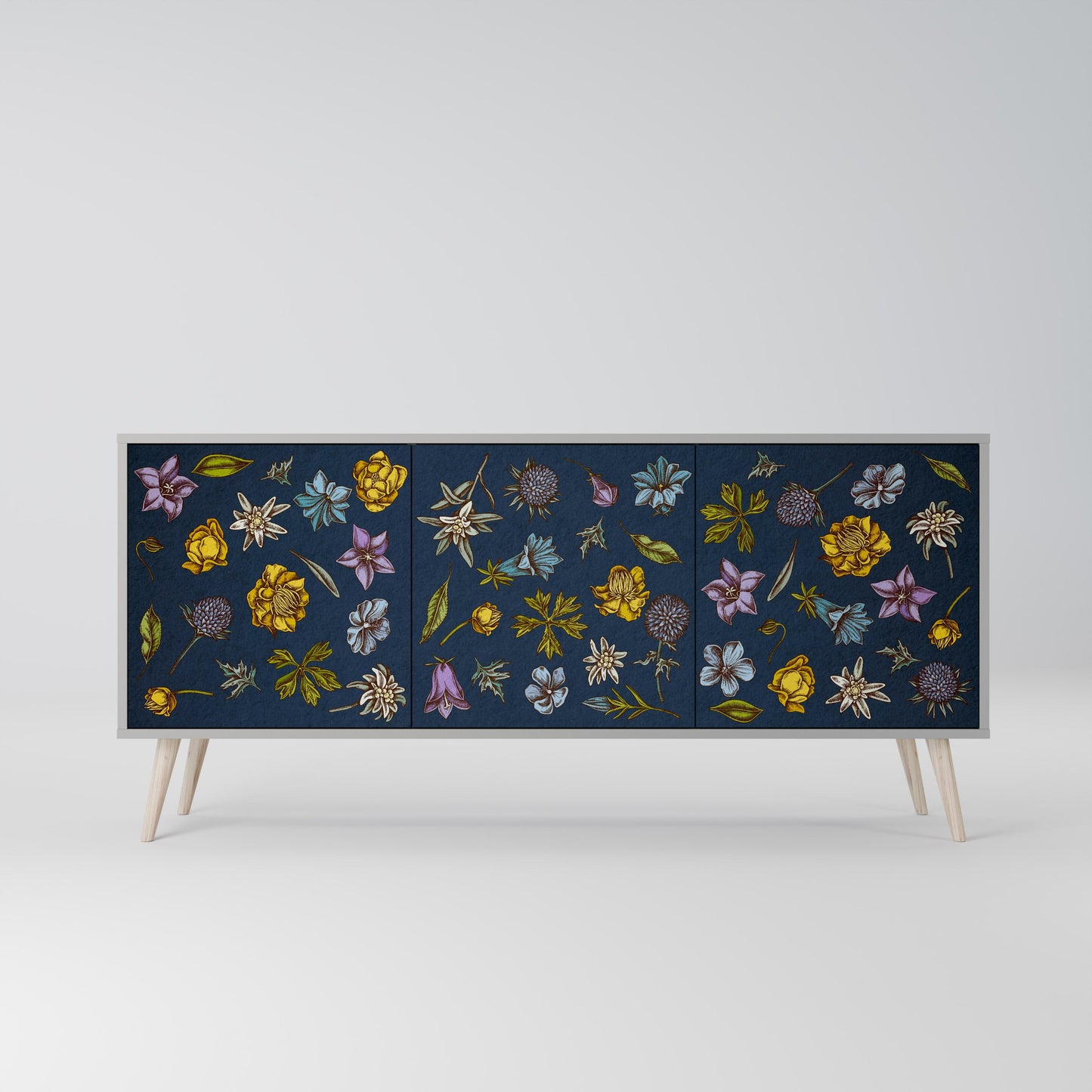 FLOWERS ON NAVY BLUE 3-Door Sideboard in Grey Finish