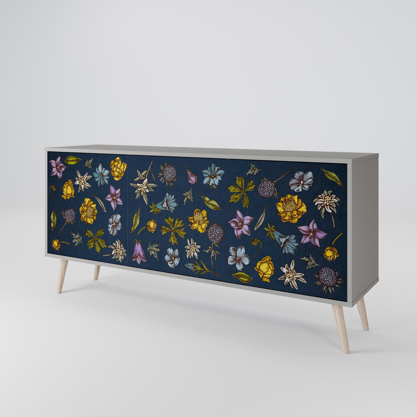 FLOWERS ON NAVY BLUE 3-Door Sideboard in Grey Finish