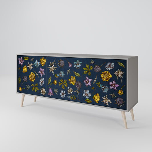 FLOWERS ON NAVY BLUE 3-Door Sideboard in Grey Finish