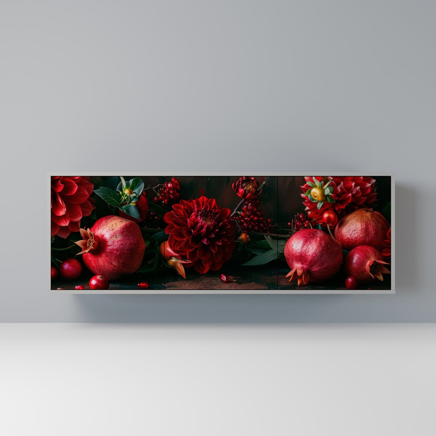 DAHLIAS AND POMEGRANATES 3-Door Sideboard in Grey Finish