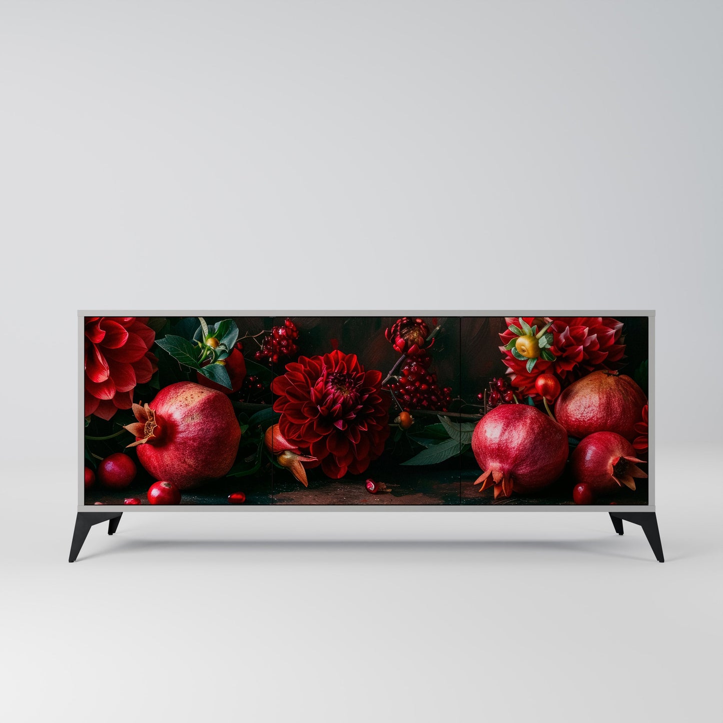 DAHLIAS AND POMEGRANATES 3-Door Sideboard in Grey Finish