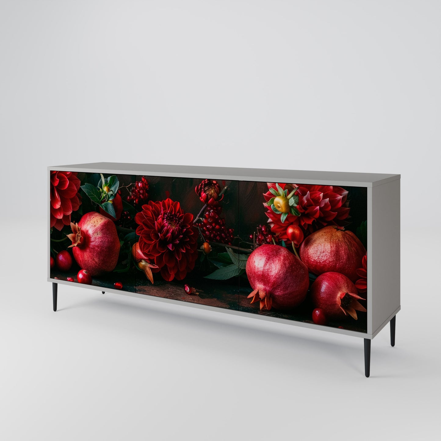 DAHLIAS AND POMEGRANATES 3-Door Sideboard in Grey Finish
