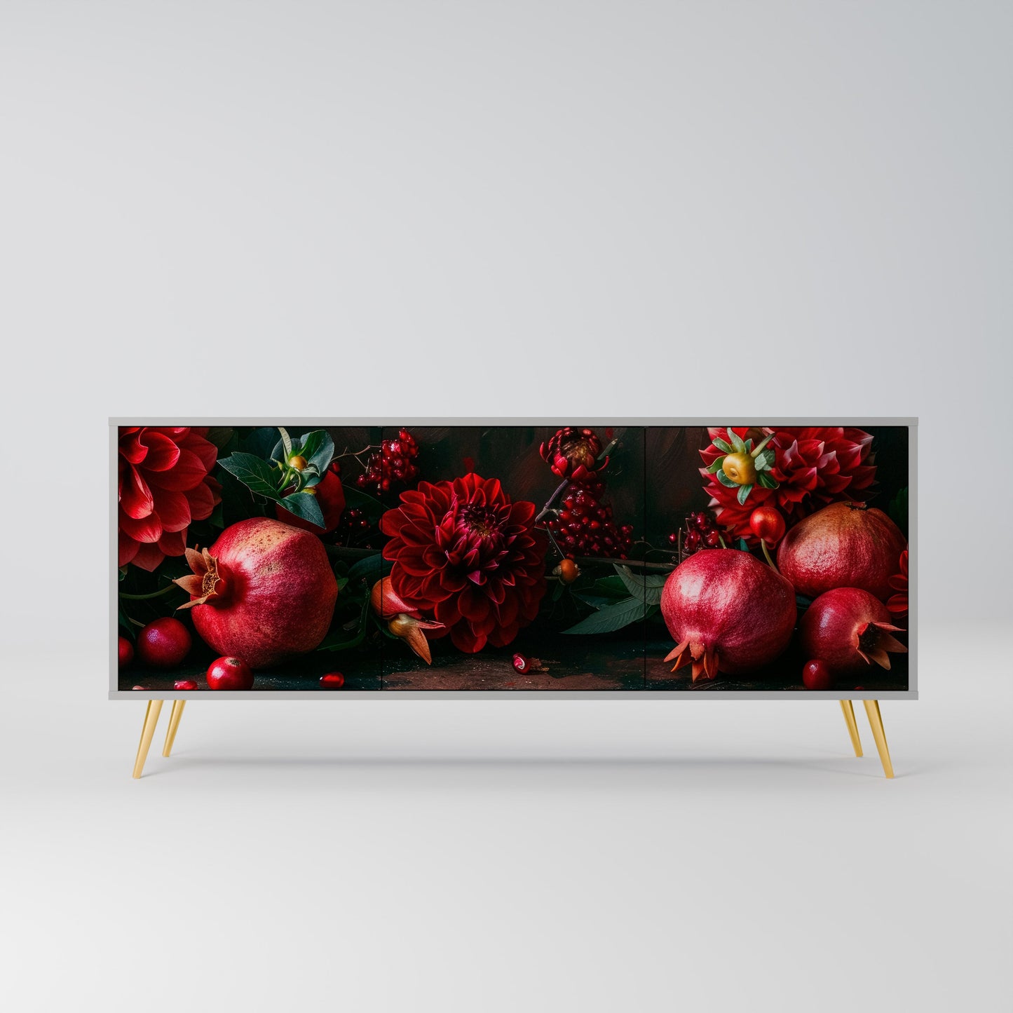 DAHLIAS AND POMEGRANATES 3-Door Sideboard in Grey Finish